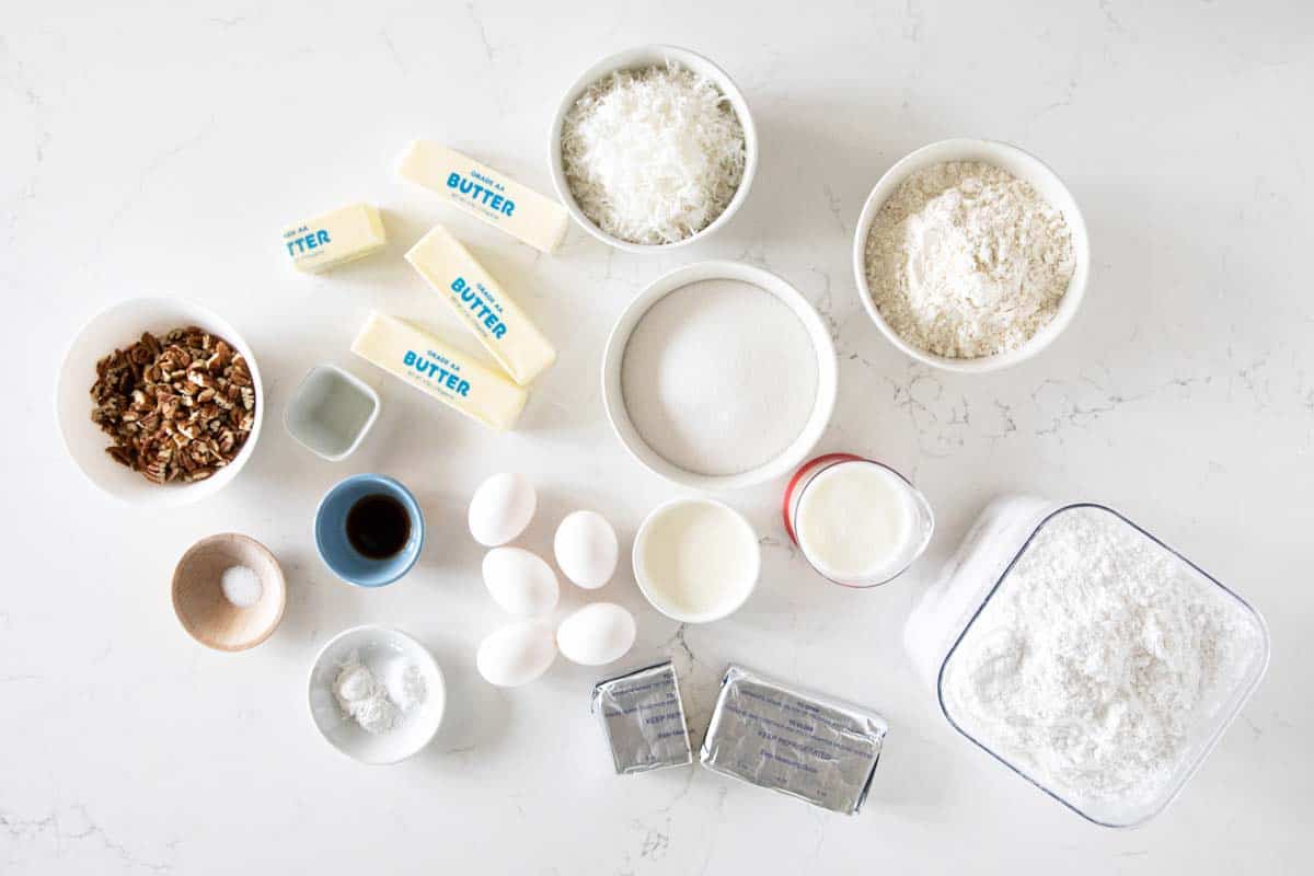 ingredients needed to make a photo collage of steps to make an Italian Cream Cake
