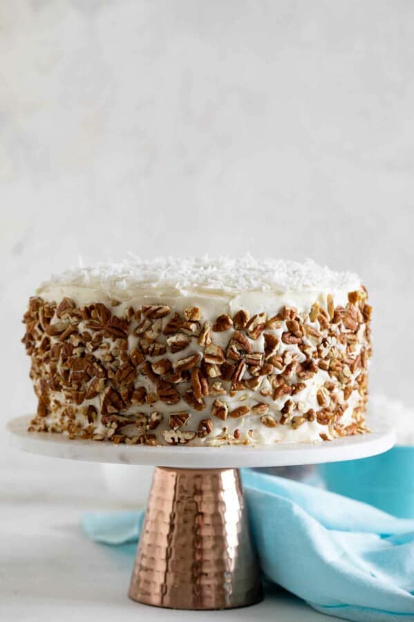 Full Italian Cream Cake on a cake stand