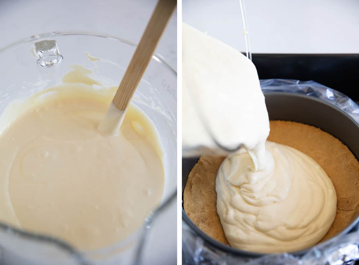 Stirring cheesecake batter and pouring into pan with crust.