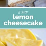 Lemon Cheesecake collage with text bar in the middle.