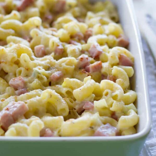 dish of homemade Mac and Cheese with Ham
