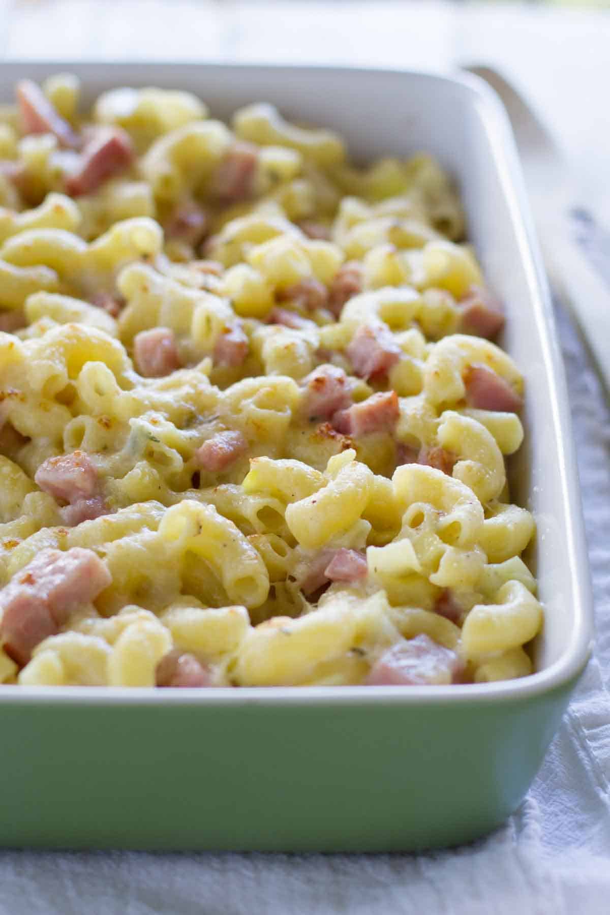 dish of homemade Mac and Cheese with Ham