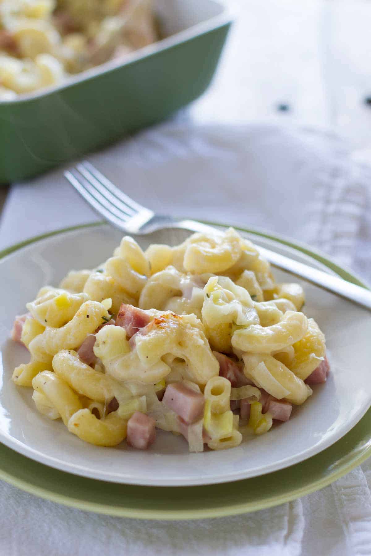 plate filled with Mac and Cheese with Ham