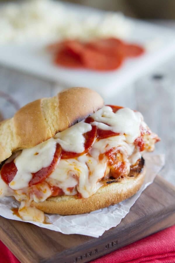 Pizza Topped Grilled Chicken Sandwich on a cutting board