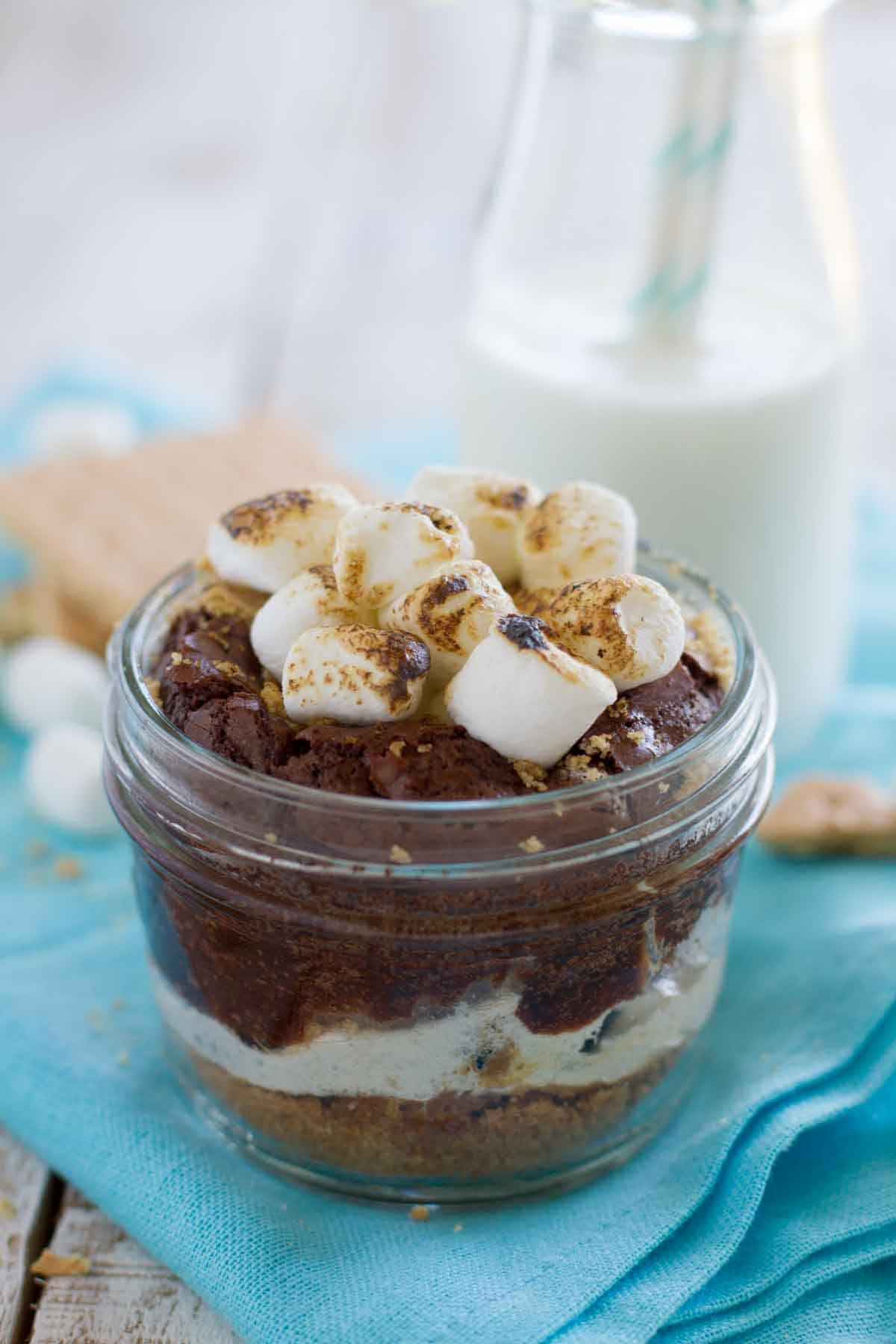 jar with Peanut Butter S'mores topped with charred marshmallows