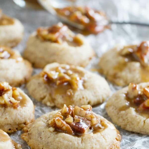 Pecan Praline Thumbprints on a piece of parchment