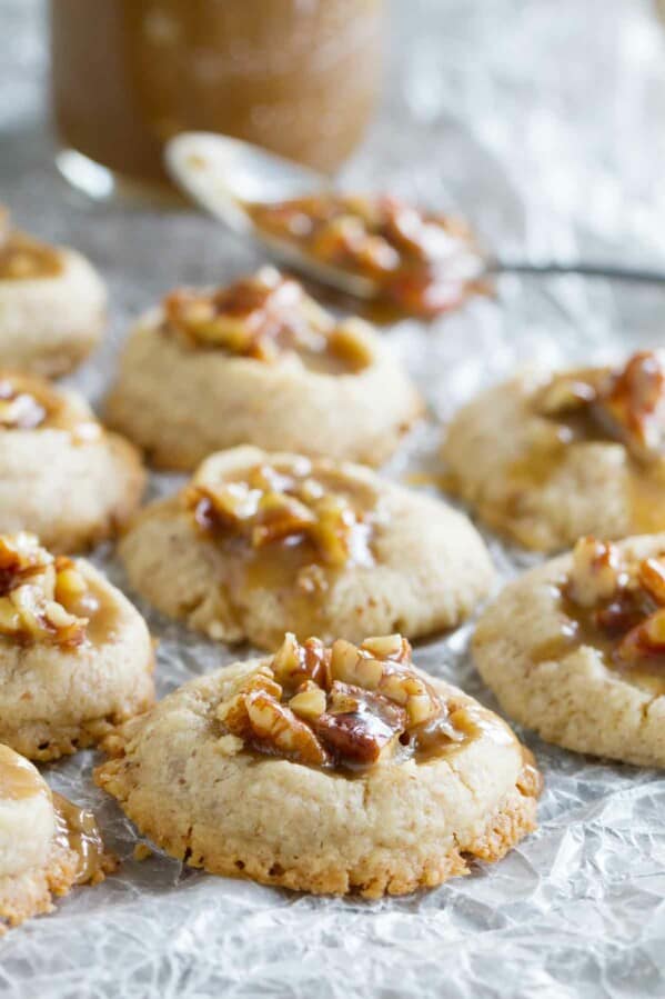 Pecan Praline Thumbprints on a piece of parchment