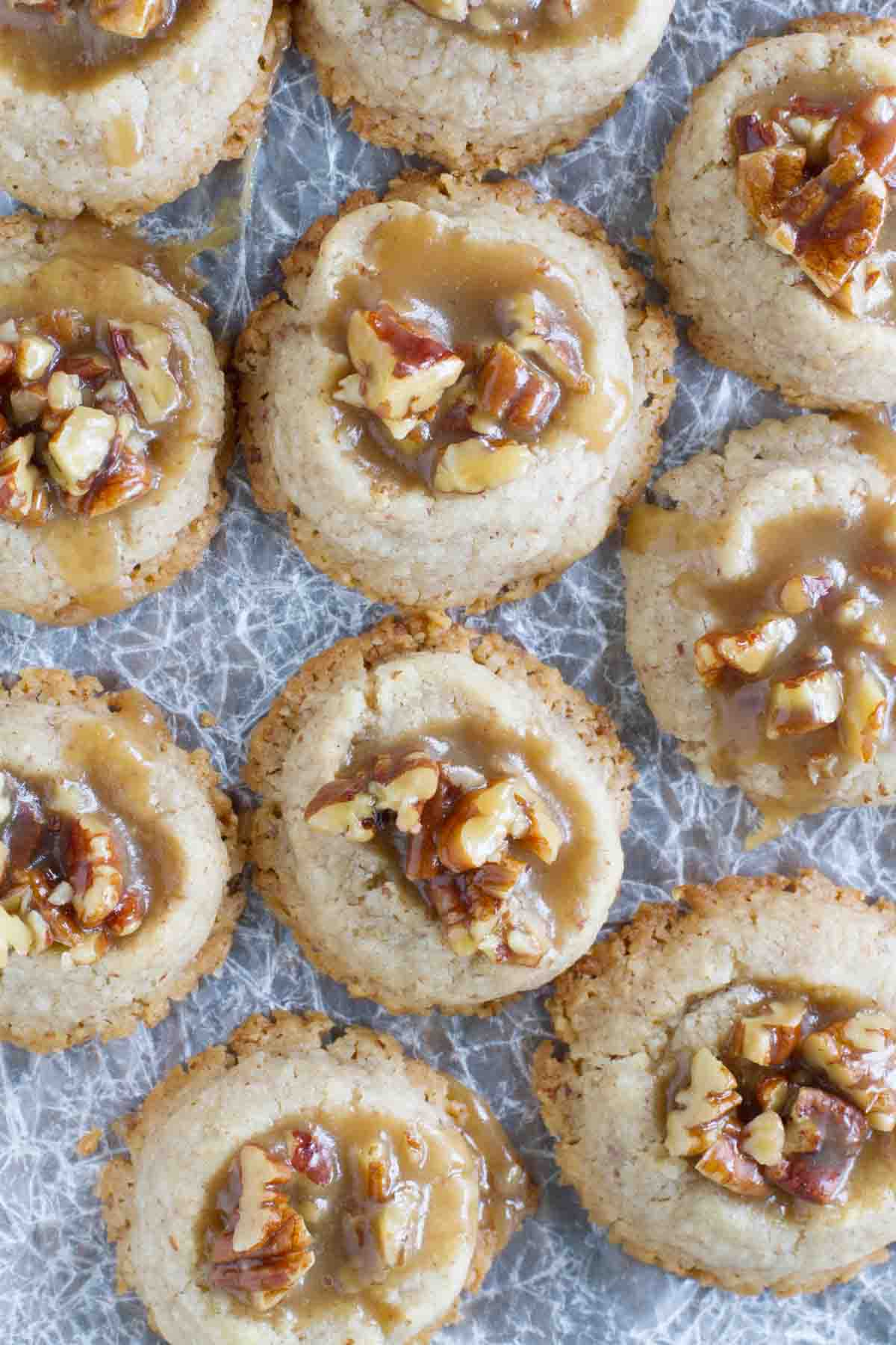 overhead view of Pecan Praline Thumbprint Cookies