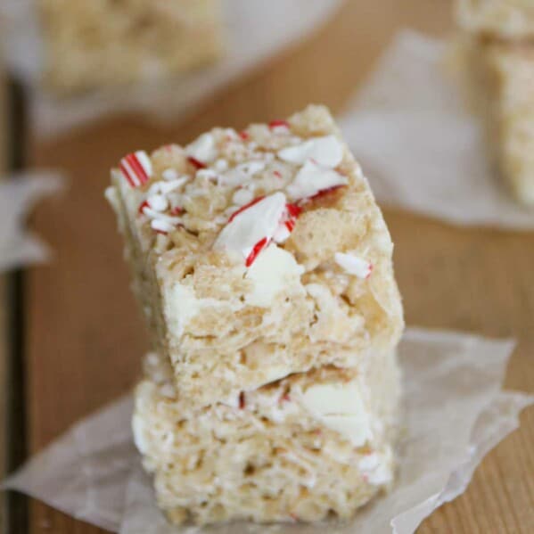 Peppermint Rice Krispie Treats stacked on top of each other