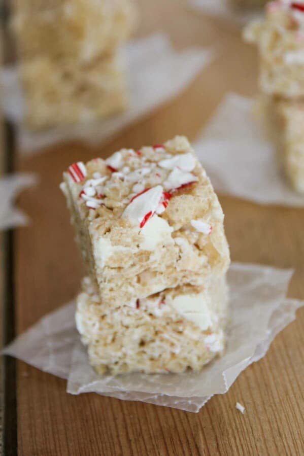 Peppermint Rice Krispie Treats stacked on top of each other