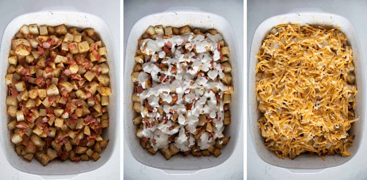topping potatoes with bacon, ranch, and cheese
