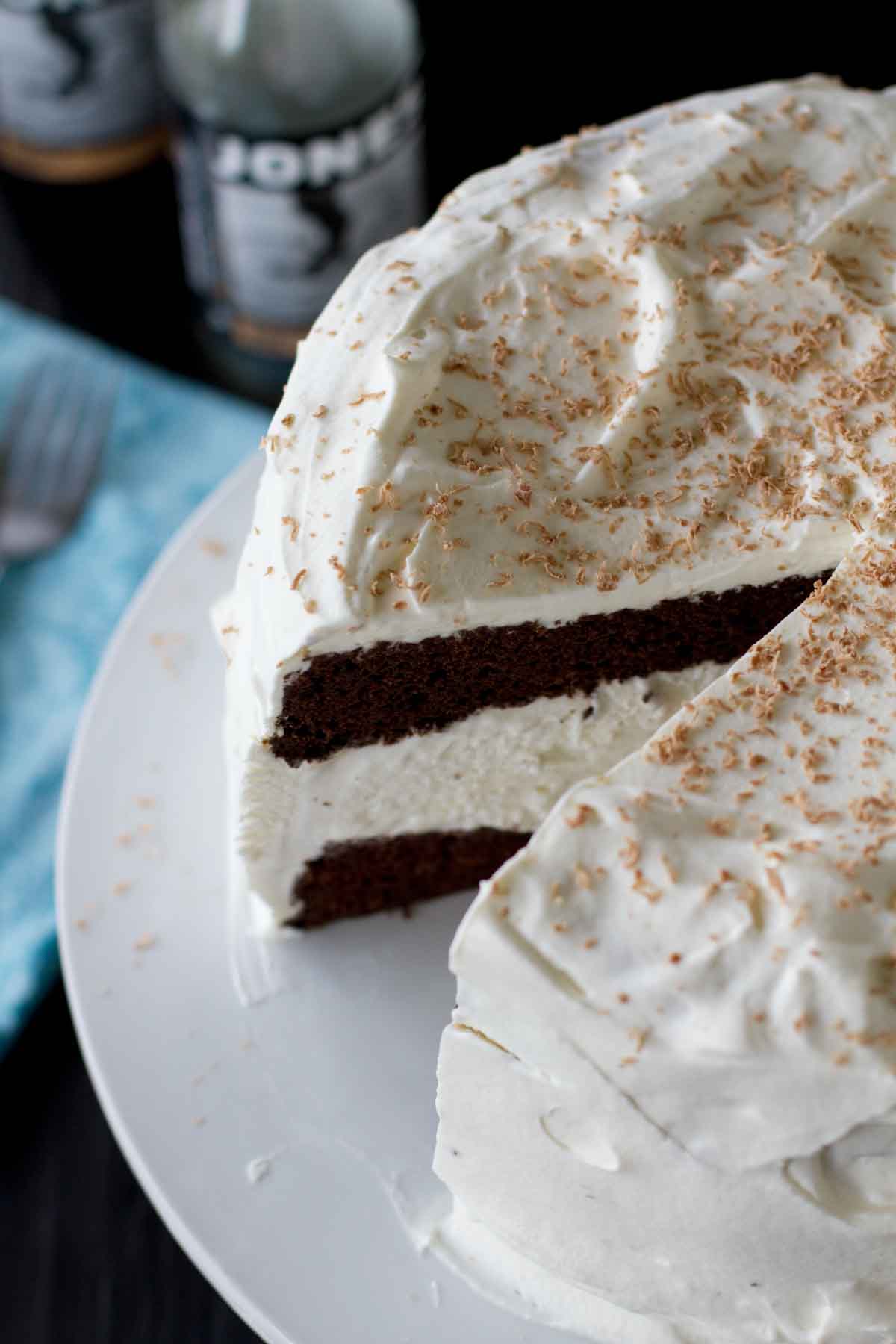 full Root Beer Float Ice Cream Cake with a slice taken from it