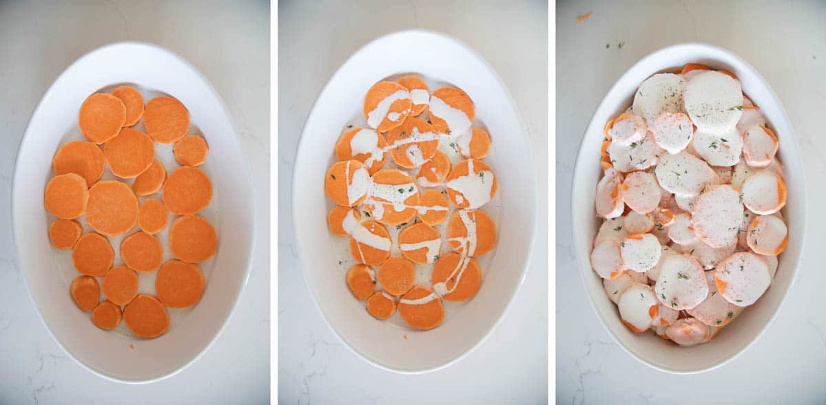 3 photos showing steps to assemble scalloped sweet potatoes
