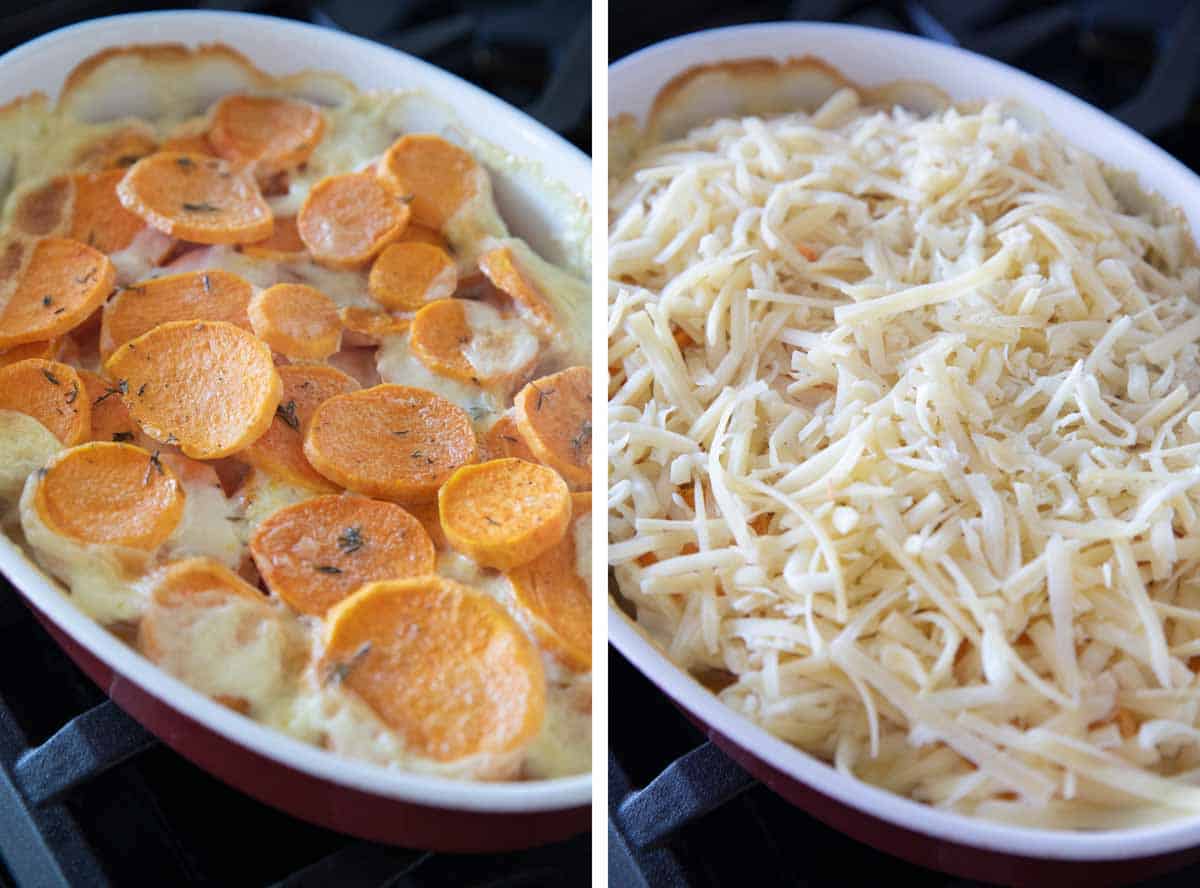 baked sweet potatoes and adding cheese to the top of the casserole dish