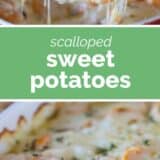 Scalloped Sweet Potatoes collage with text bar in the middle