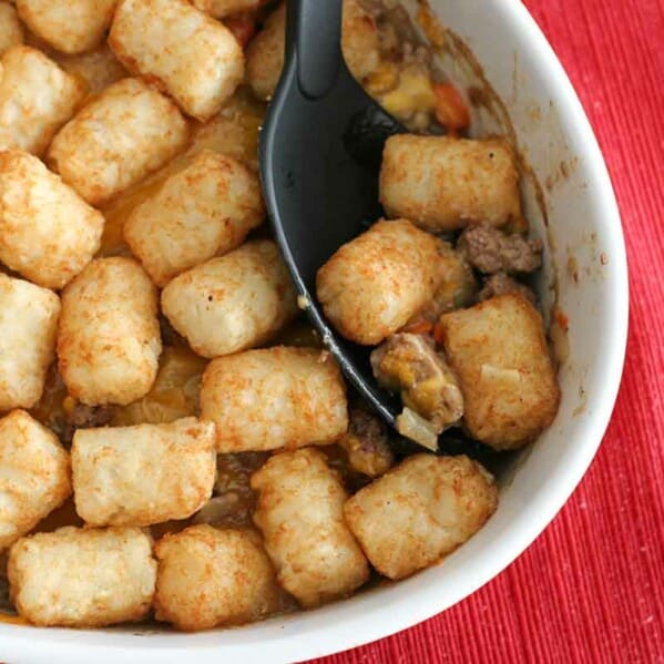 Shepherd's Pie with Tater Tots with a serving spoon