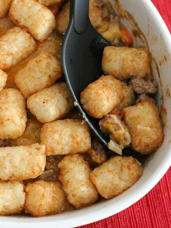 Shepherd's Pie with Tater Tots with a serving spoon