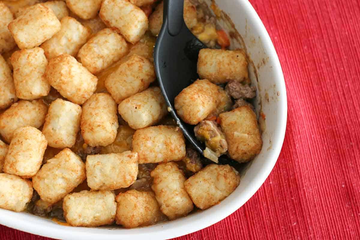 Shepherd's Pie with Tater Tots with a serving spoon
