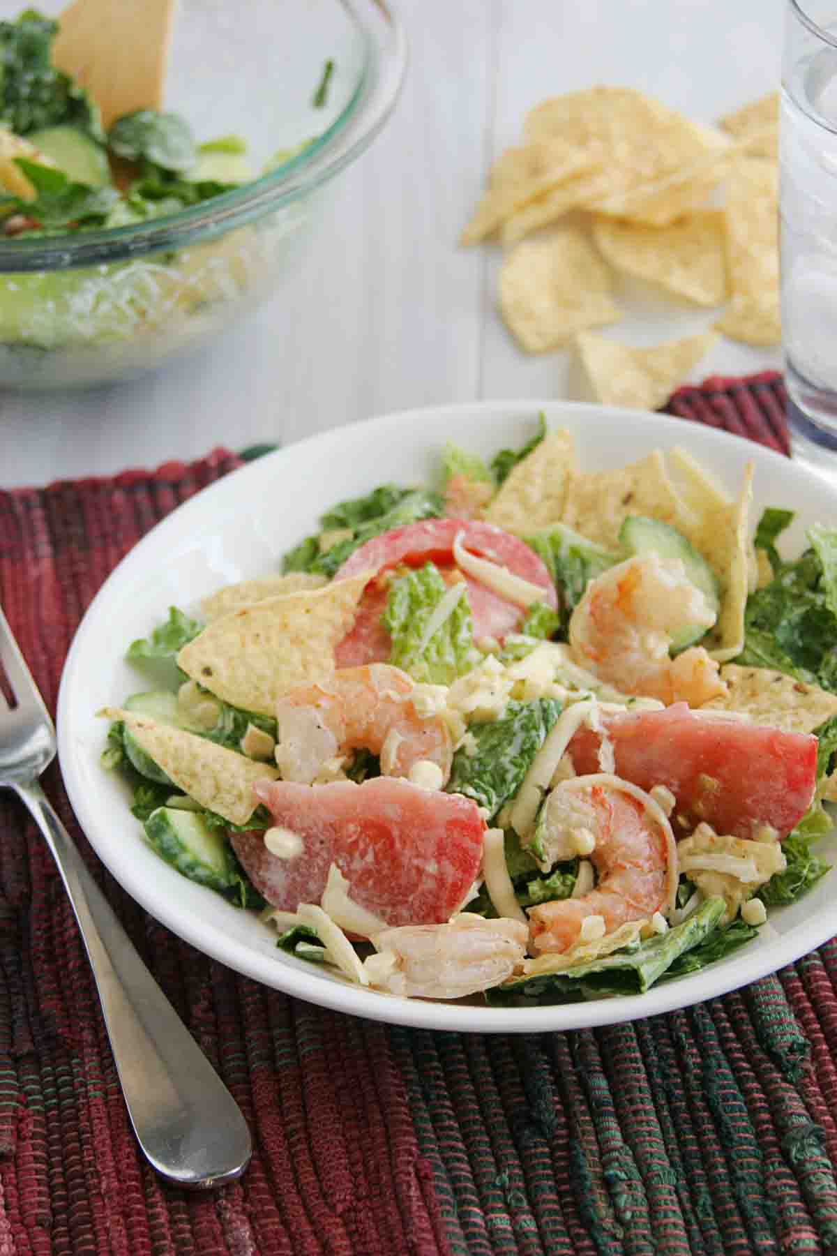 Shrimp and Corn Salad topped with tortilla chips