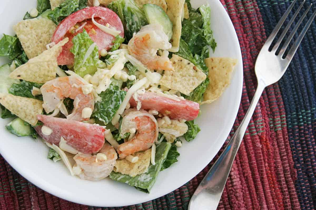 southwest salad with shrimp, ranch, and corn
