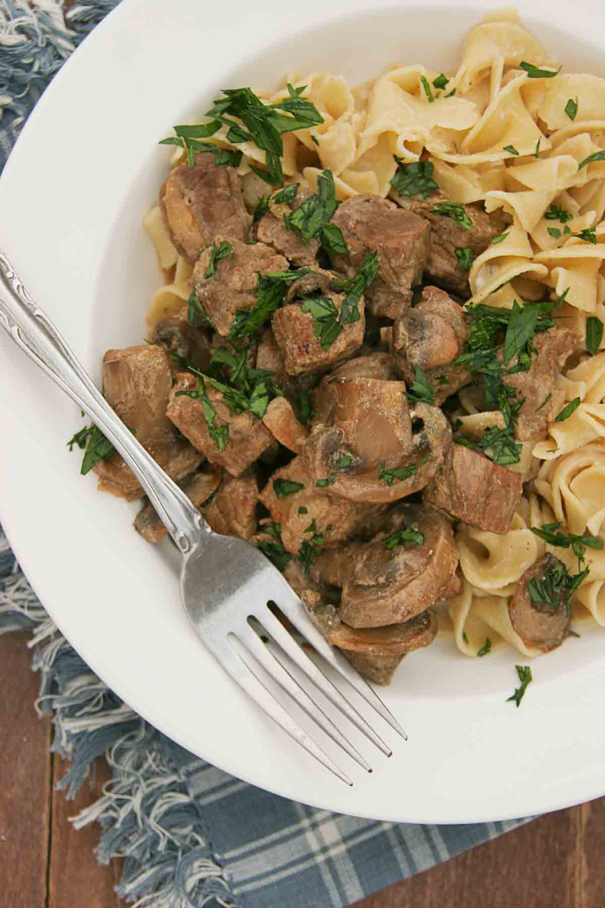 Slow Cooker Beef Stroganoff with egg noodles