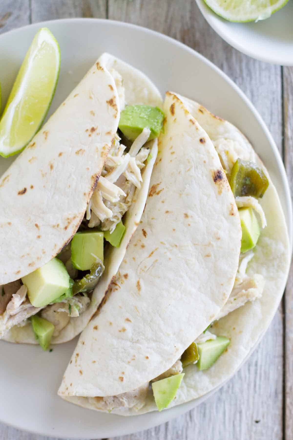 overhead view of slow cooker chicken tacos