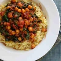 overhead view of spanish style rice and beans