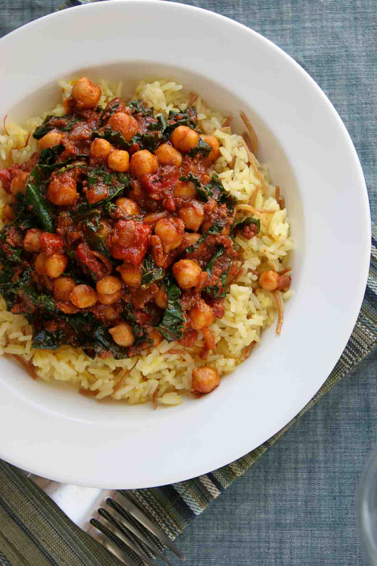 overhead view of spanish style rice and beans