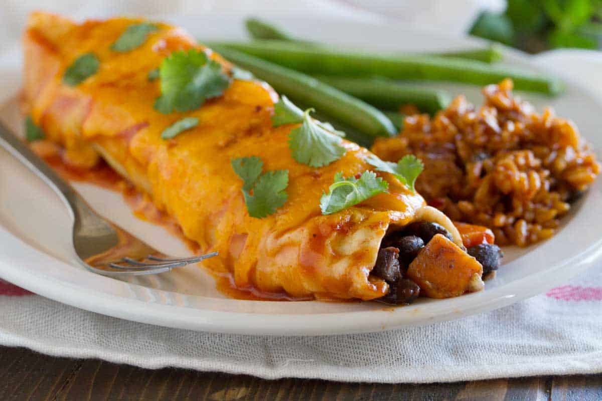 Sweet Potato and Black Bean Enchilada with rice and green beans.