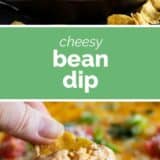 Bean Dip collage with text bar in the middle