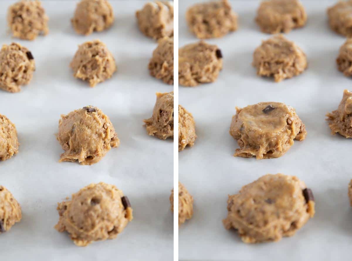 Breakfast cookie dough on a baking sheet and dough pressed down