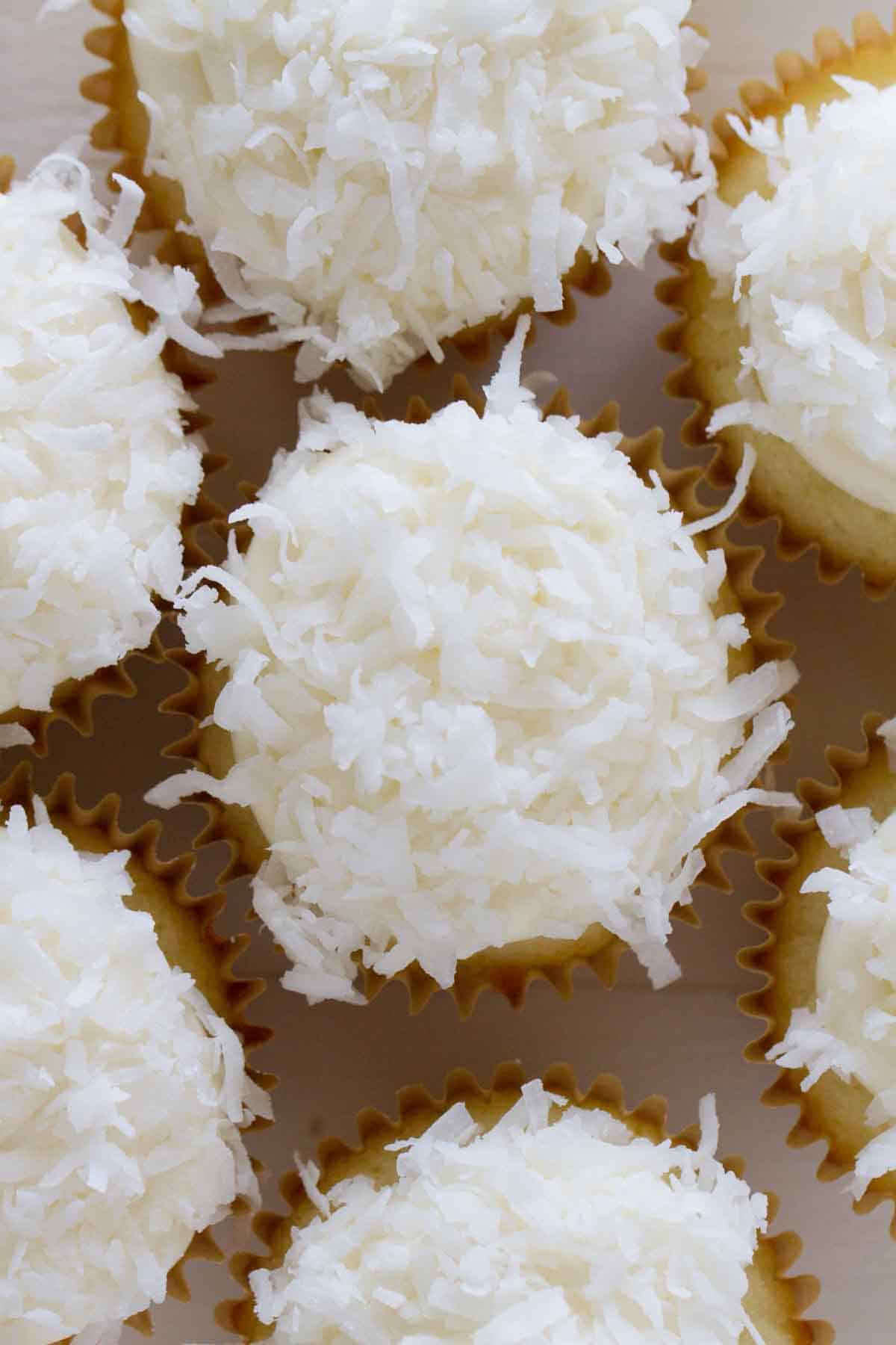 tops of coconut cupcakes with sweetened coconut