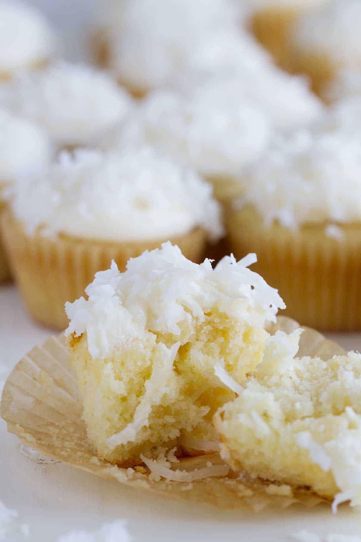 coconut cupcake broken in half