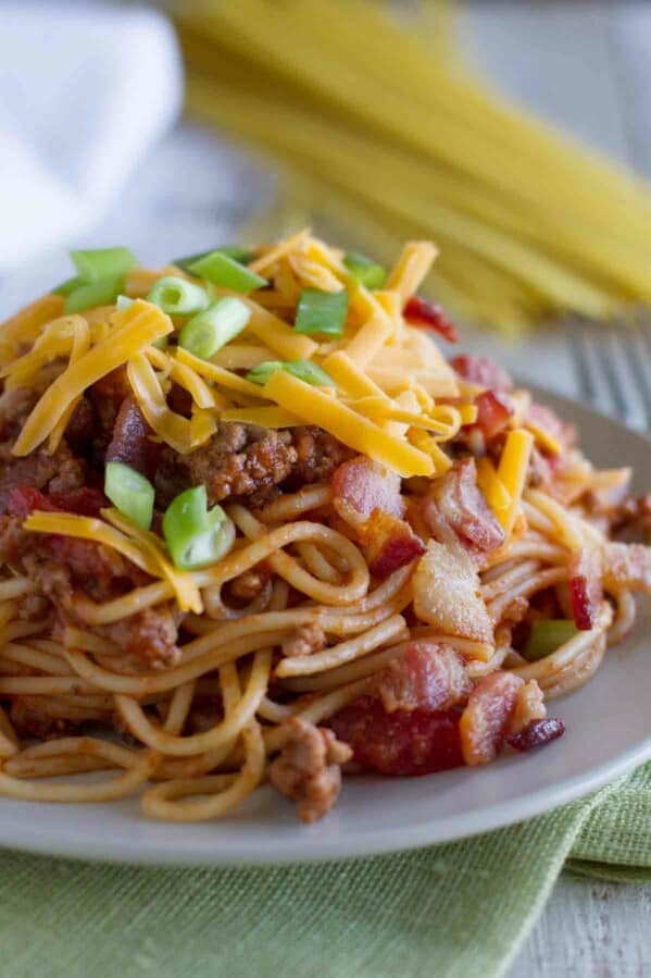 Cowboy Spaghetti topped with cheese