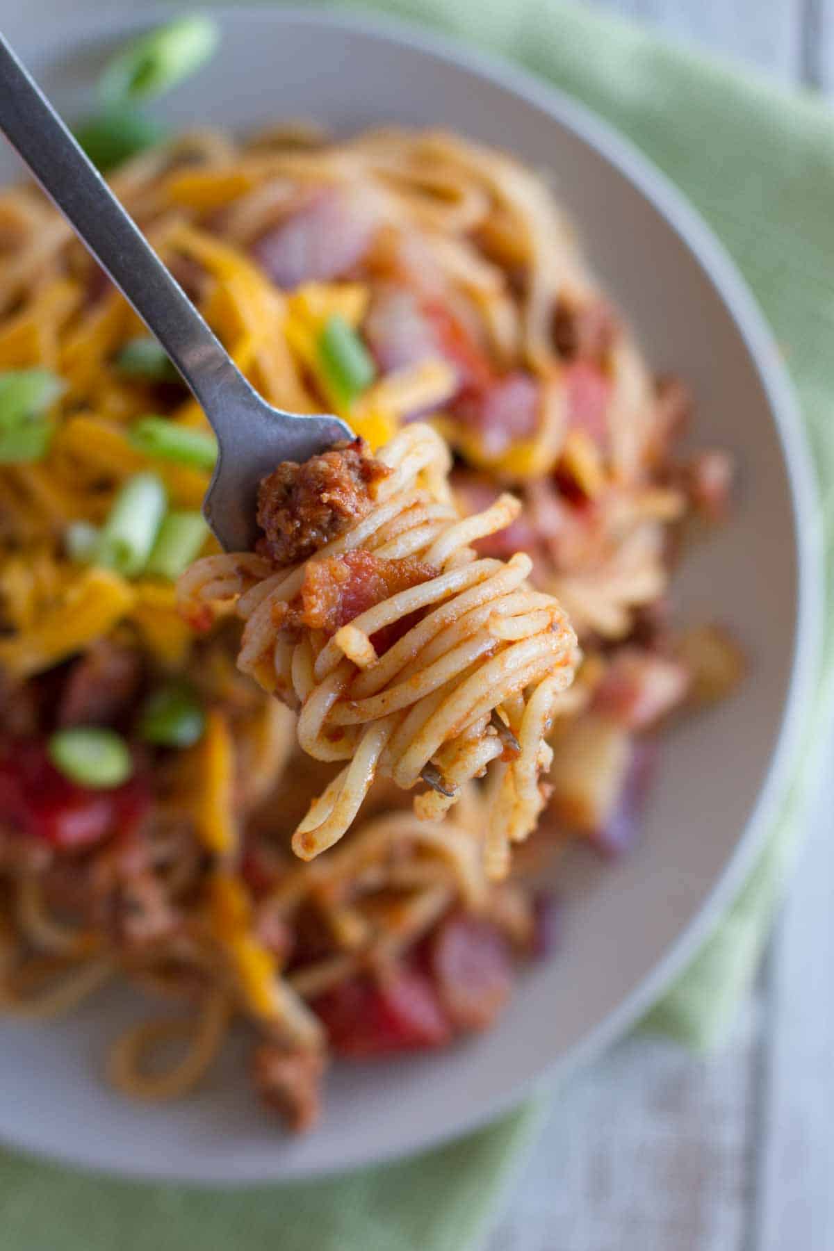 spaghetti noodles from Cowboy Spaghetti on a fork