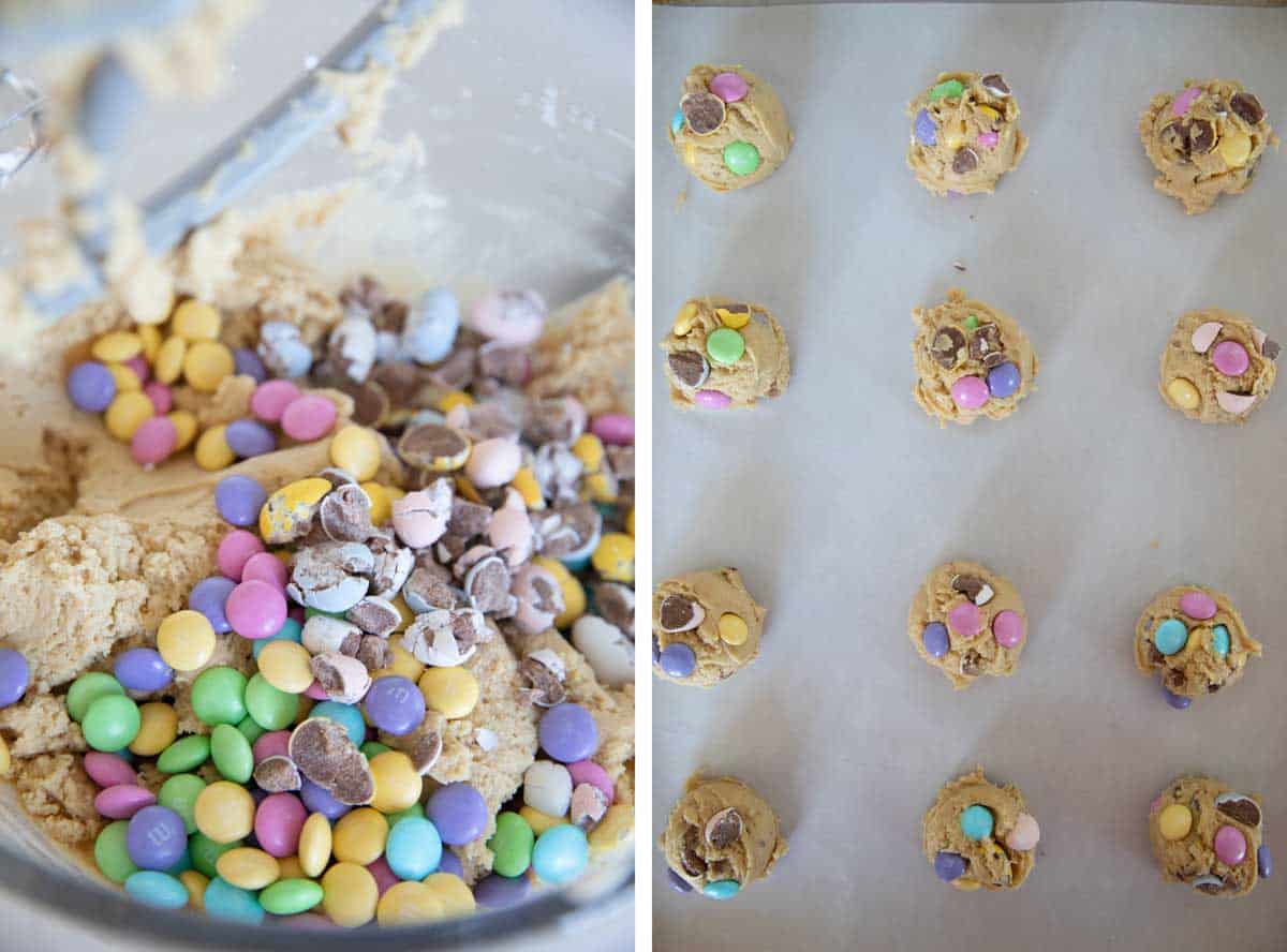 mixing Easter candy into cookie dough and scooping into cookies