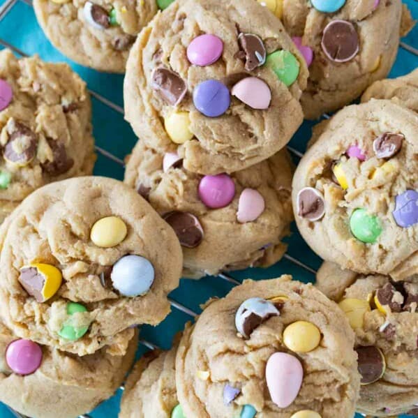 Easter cookies with holiday m&ms and mini eggs