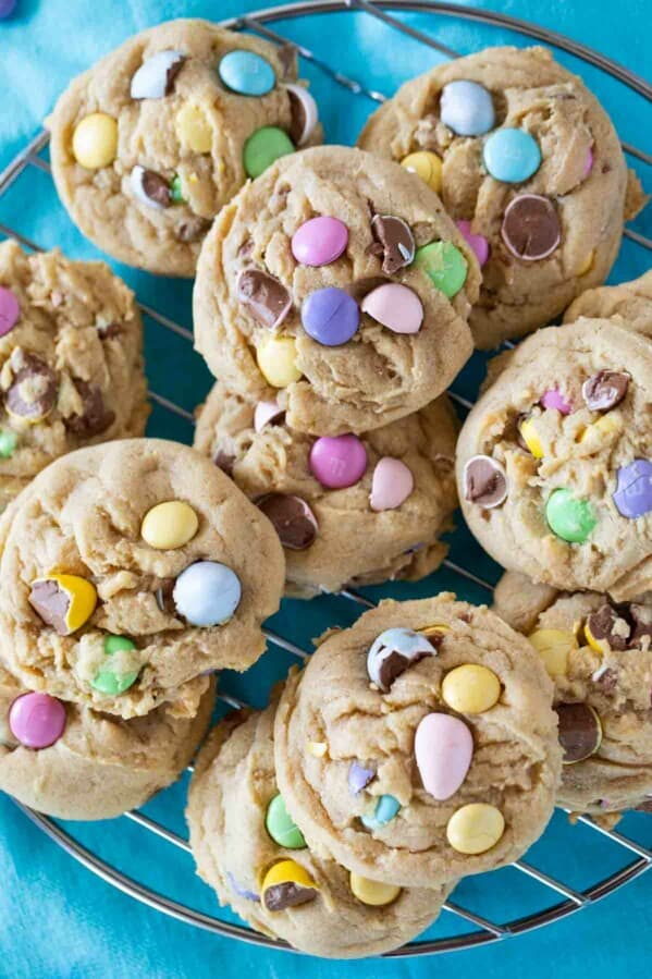 Easter cookies with holiday m&ms and mini eggs
