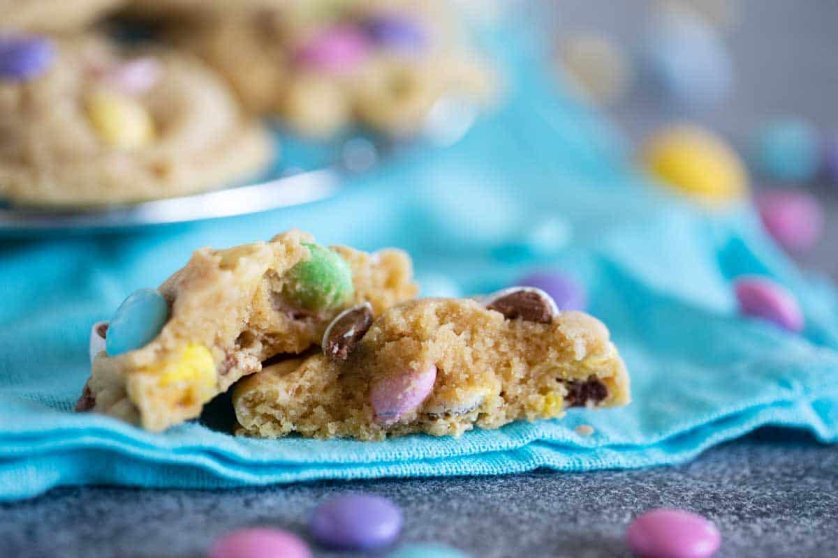 texture of super soft pudding cookie with easter candy