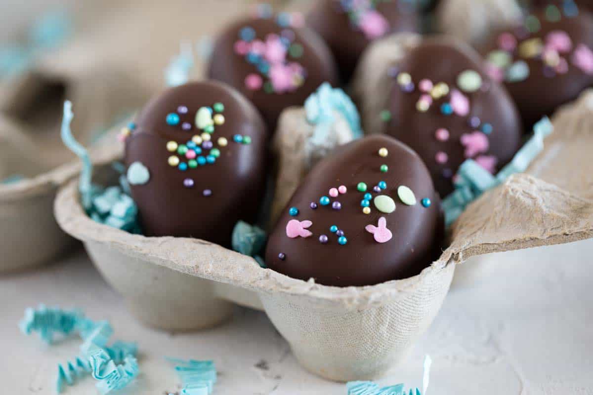 Egg carton with chocolate covered Easter Egg Marshmallow Creme Truffles