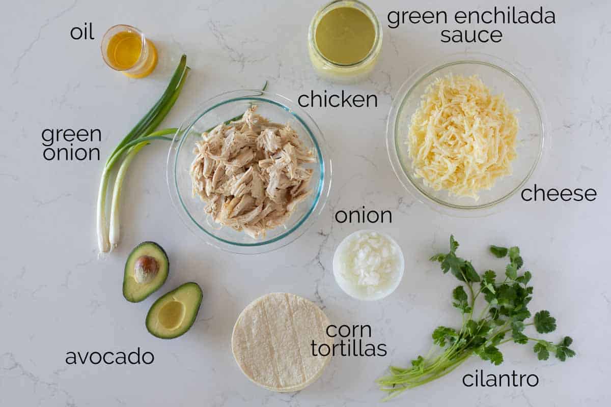 Ingredients needed to make Green Chicken Enchiladas.