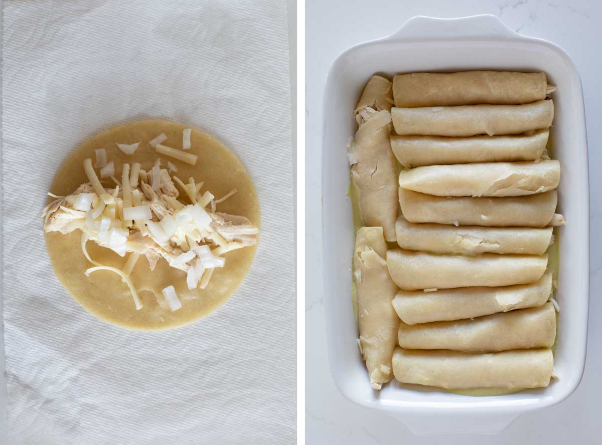 Adding filling to tortilla and rolling for enchiladas