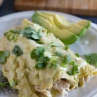 Plate with a serving of Green Chicken Enchiladas topped with cilantro