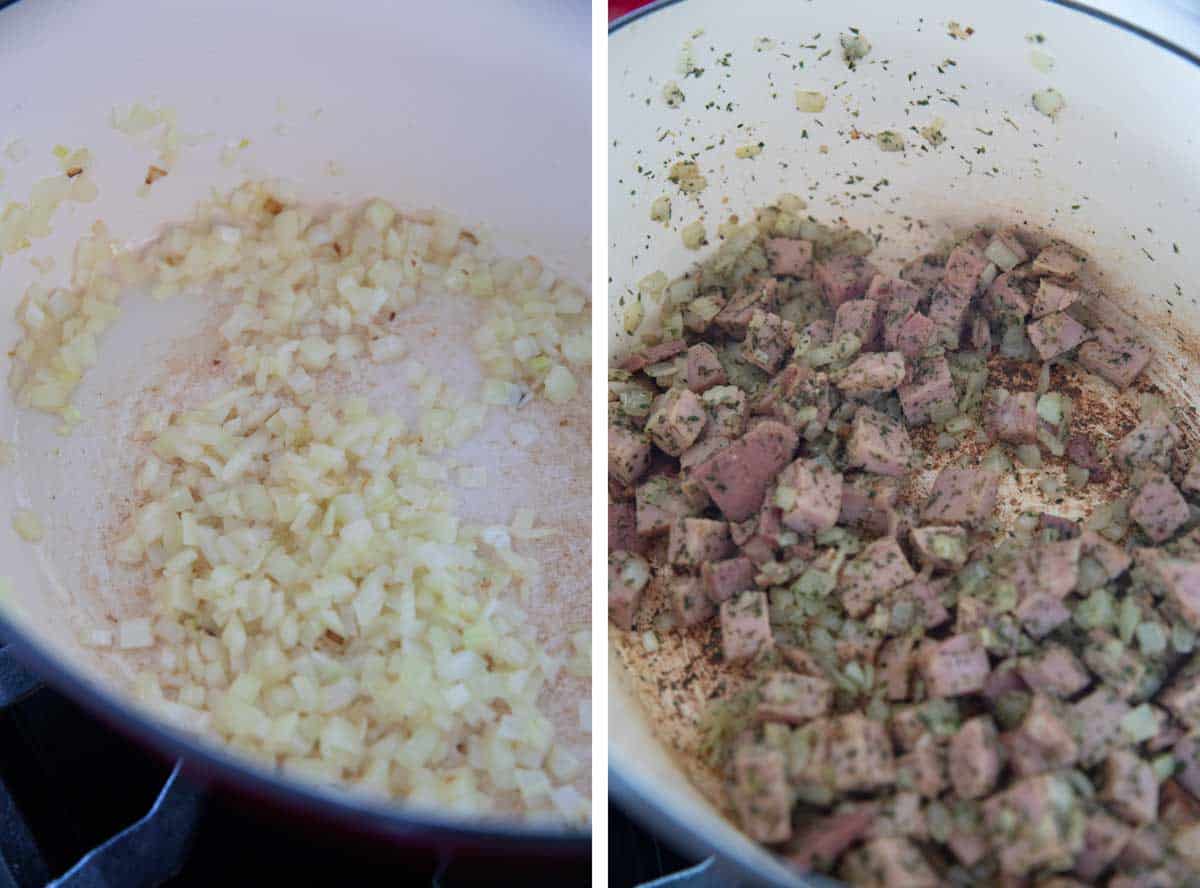 sauteing onions and adding ham and ranch spices