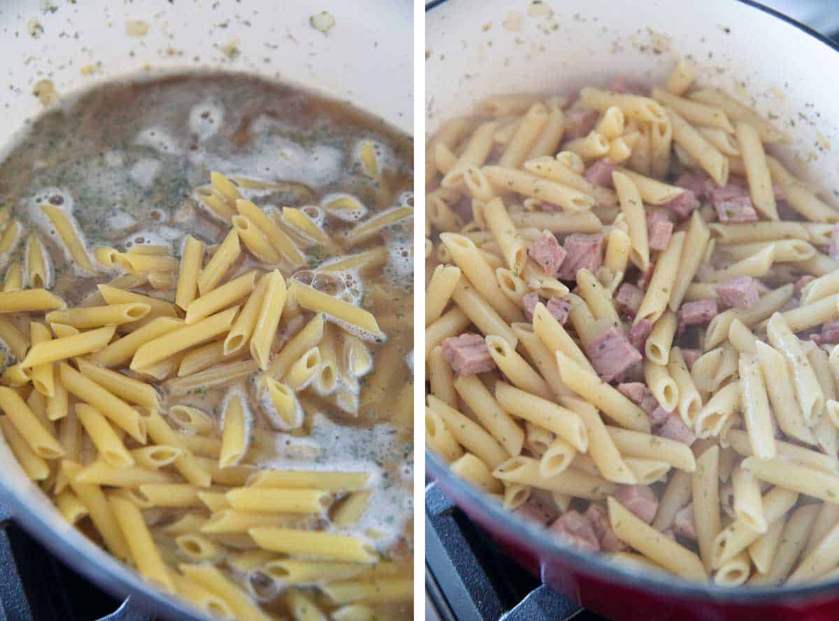 adding pasta and water to a pot and cooking