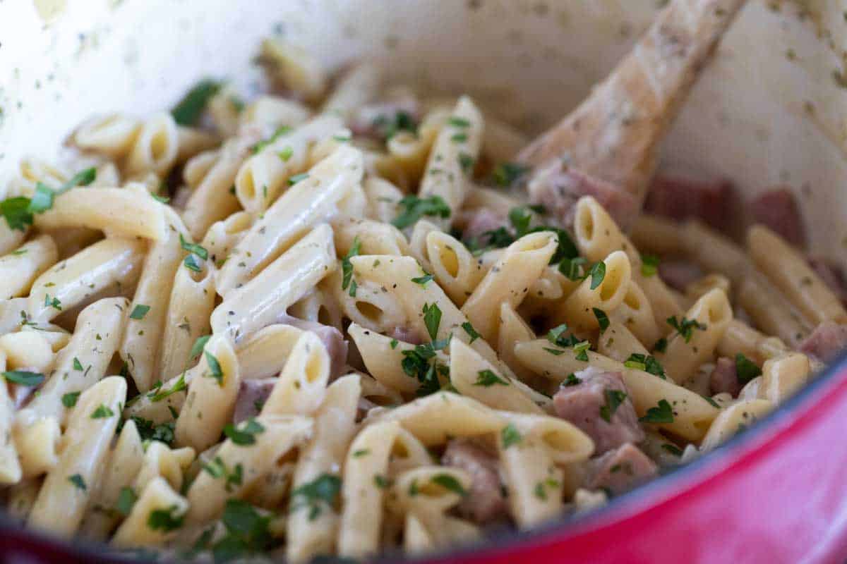 pasta with ranch spices, ham, and cheese