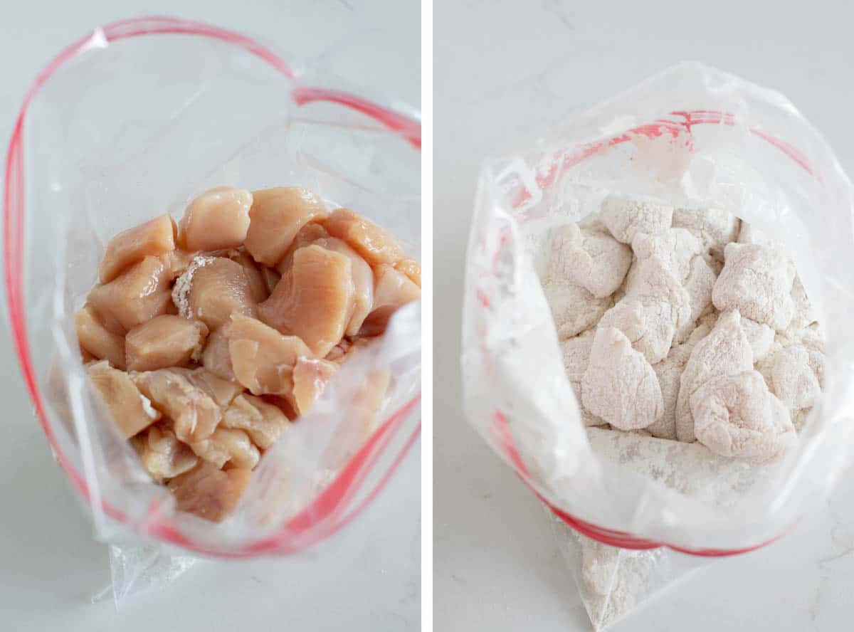 coating chicken chunks with flour for chicken nuggets