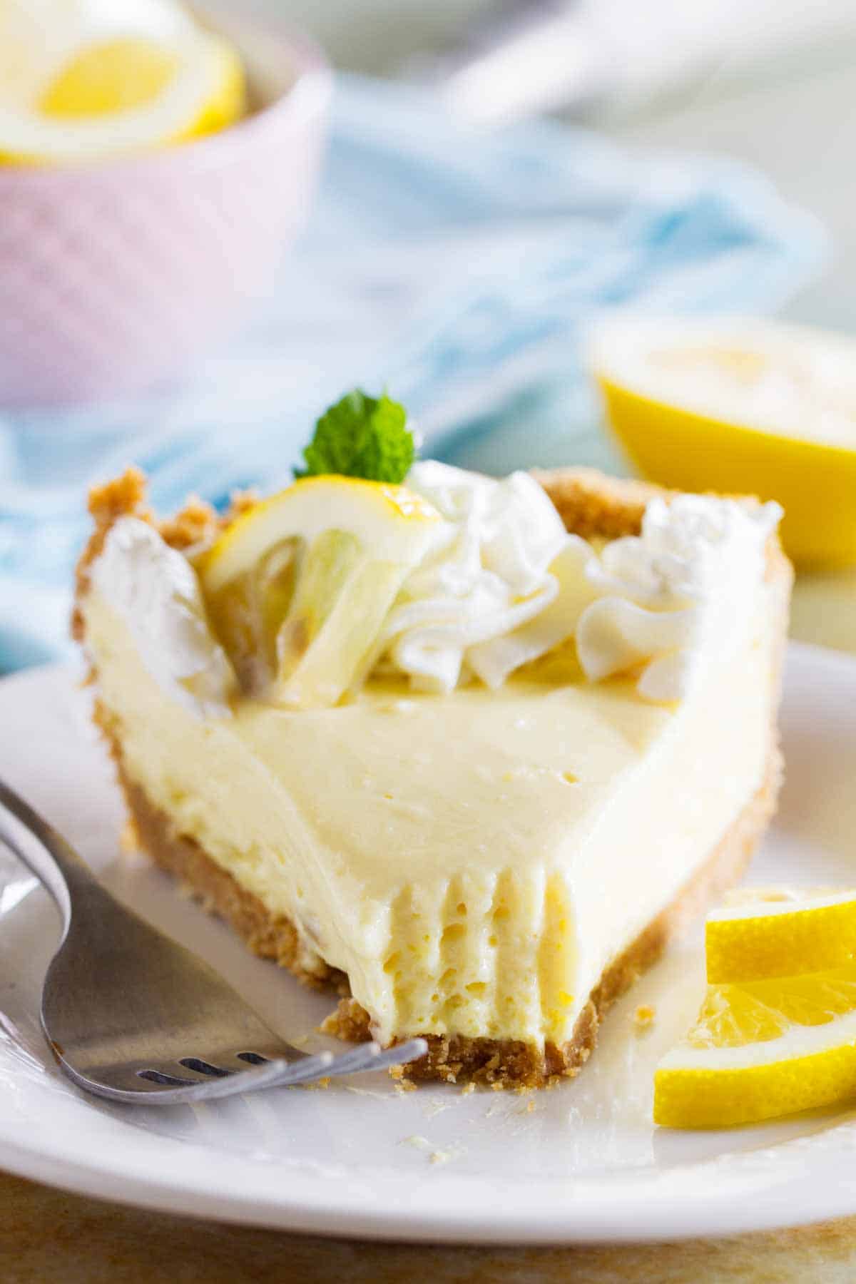 slice of lemon cream pie showing texture of the finished pie