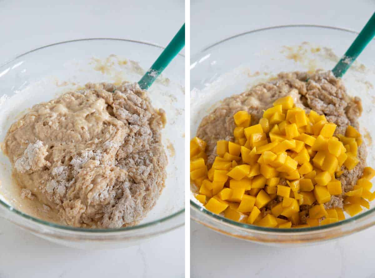 mixing muffin batter and adding mangoes