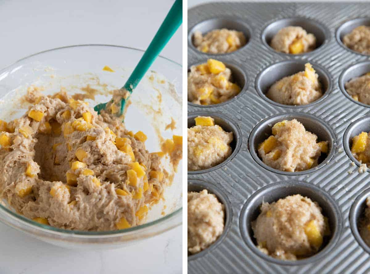 adding muffin batter into a muffin tin